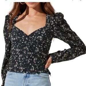 ASTR the label blouse black ivory floral‎ blouse puffy sleeves long size M sheer